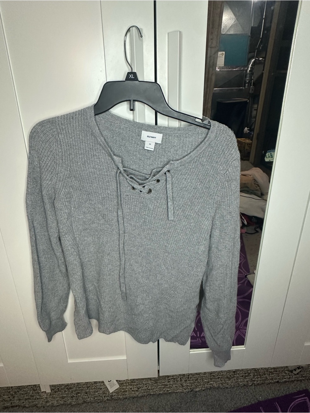 Old Navy Light Gray Lace-Up Ribbed Knit Sweater